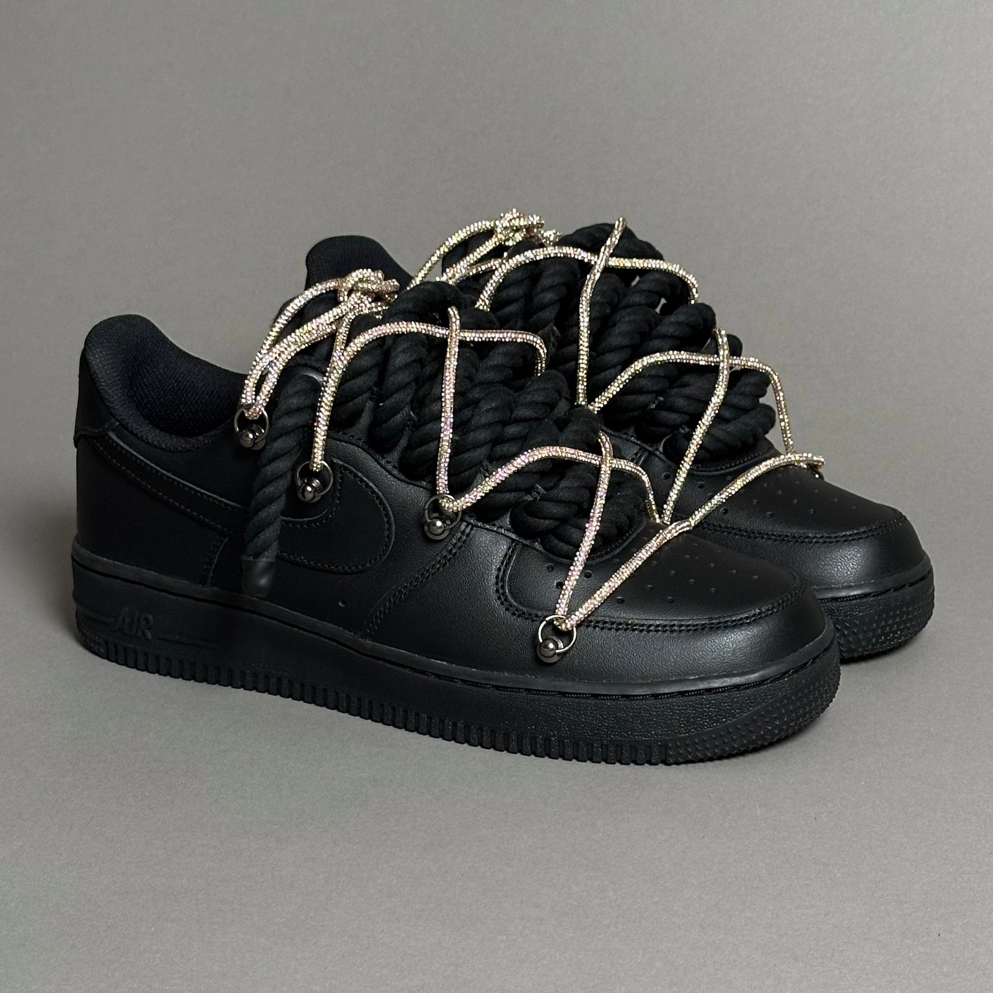 Nike Air Force 1 “Rope Laces Black" Triple Swarovski Gold V1 - EV8 Style
