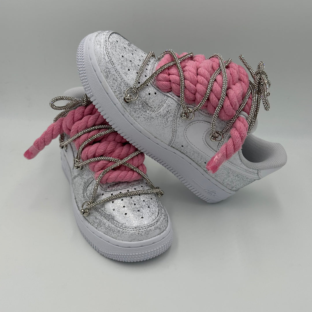 Nike Air Force 1 Glitter “Rope Laces Pink” Triple Swarovski Silver