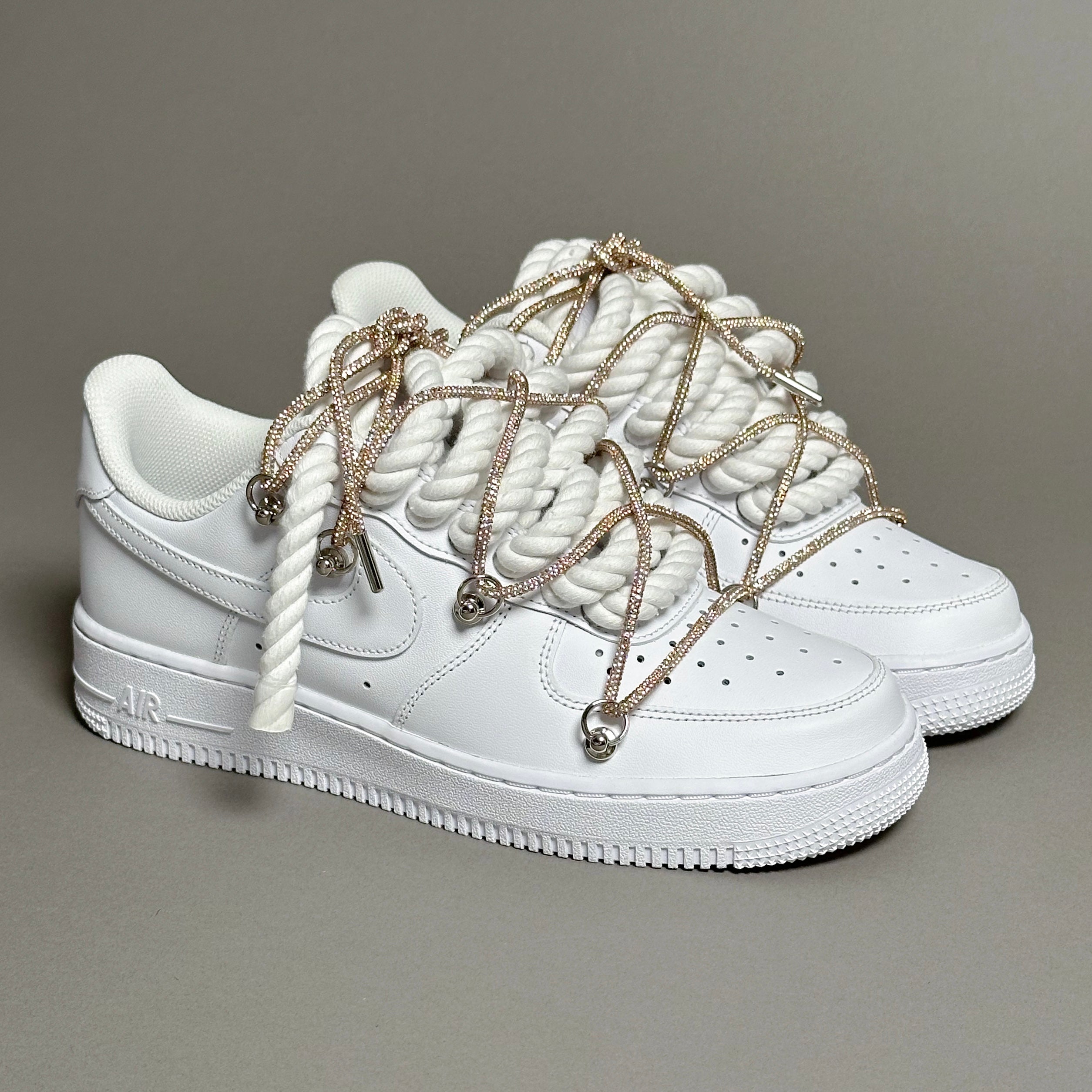 Nike Air Force 1 Rope Laces Blanc Triple Swarovski Or V1